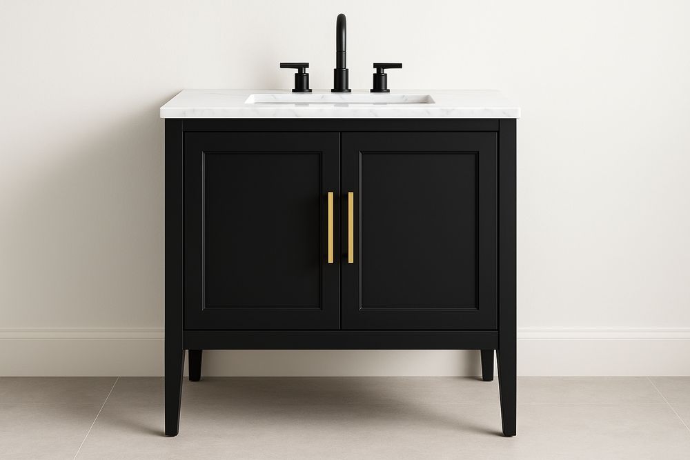 Meuble lavabo salle de bain noir en bois massif et marbre-Albahaven