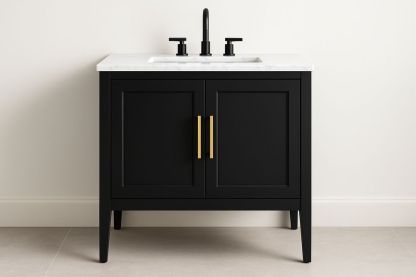 Meuble lavabo salle de bain noir en bois massif et marbre-Albahaven