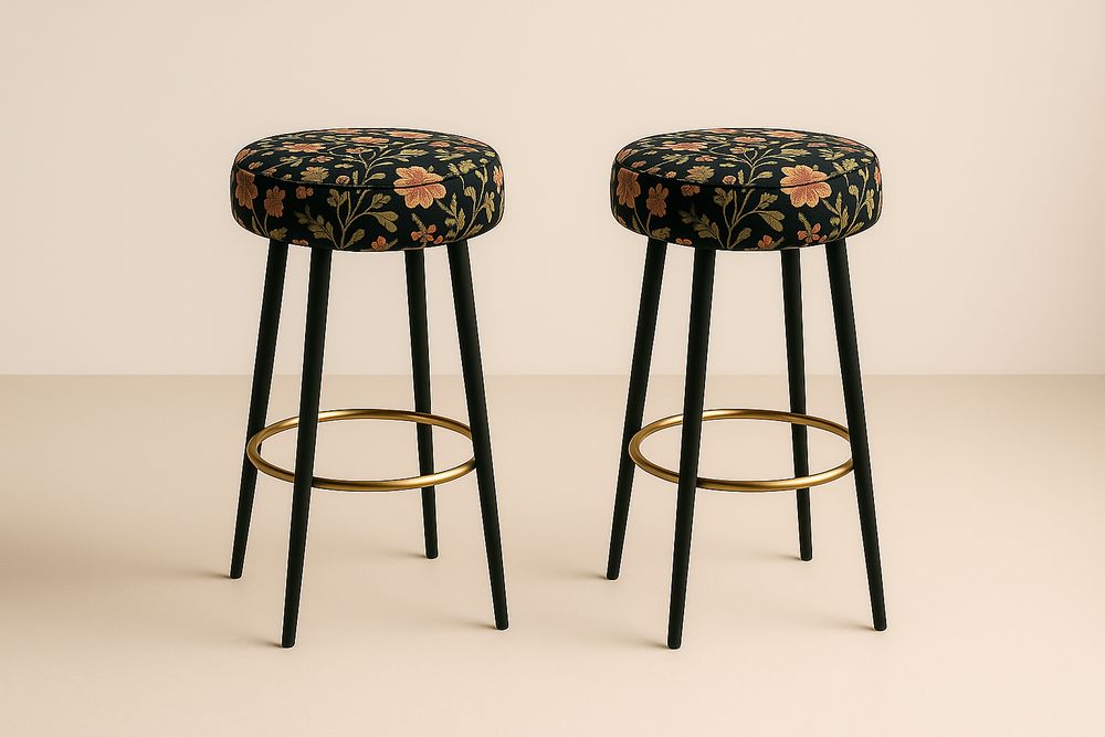 Tabouret haut en acier avec assise en tissu floral noir et anneau doré-Albahaven