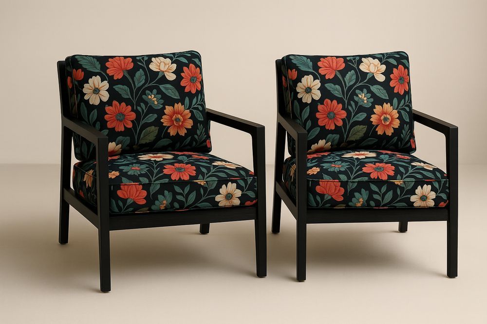 Paire de fauteuils en bois massif noir avec coussins en polyester à motif floral-Albahaven