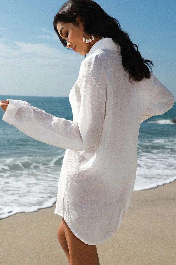 Solid Color Lapel Long Sleeve Swimsuit Cover Up