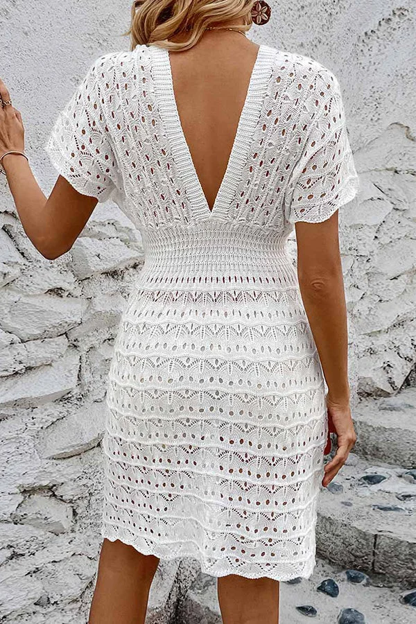 Solid Hollow Deep V Neck Swimsuit Cover Up