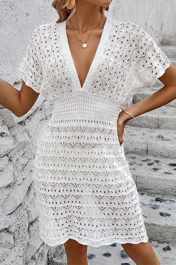 Solid Hollow Deep V Neck Swimsuit Cover Up