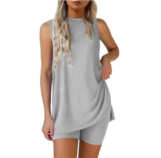 Sleeveless Crewneck Women's 2 Piece Sets Summer Matching Lounge Shorts Set Resort Airport Travel Outfit Split Hem Casual Clothes Basic Fitted Homewear