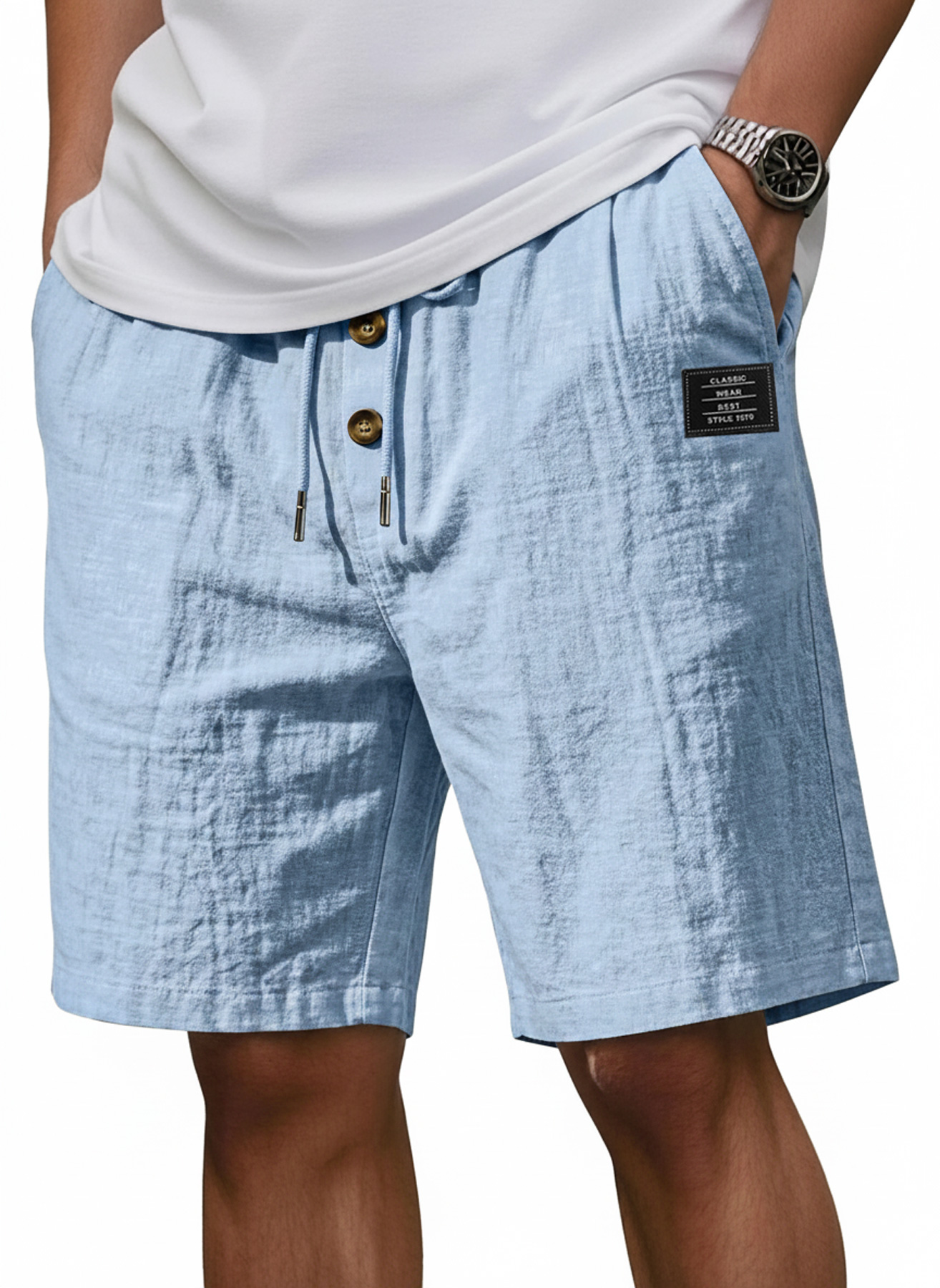 Men's Linen Casual Shorts with Embroidered Logo and Buttons
