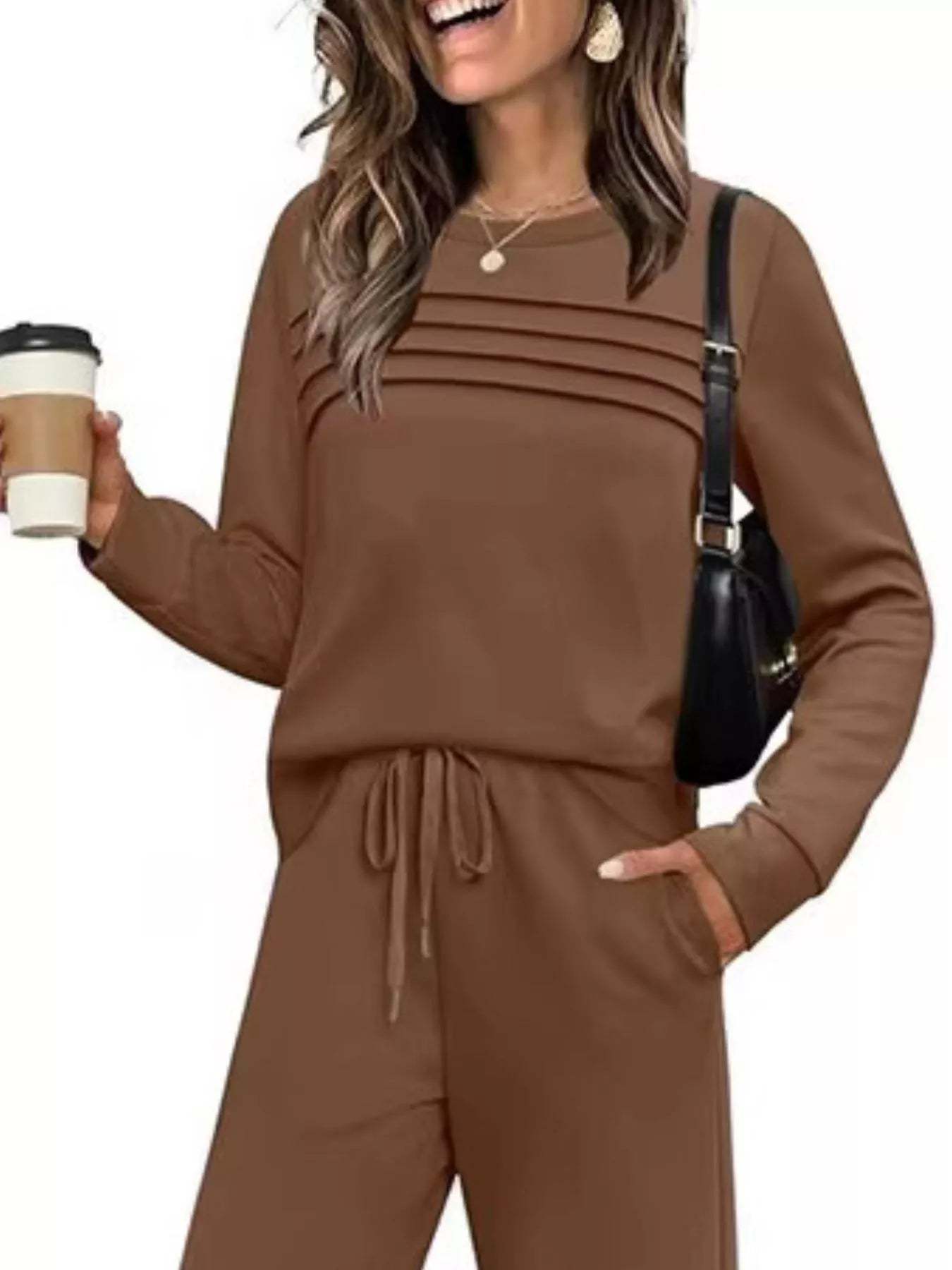 Full Size Long Sleeve Round Neck Top and Pants Set Plus Size