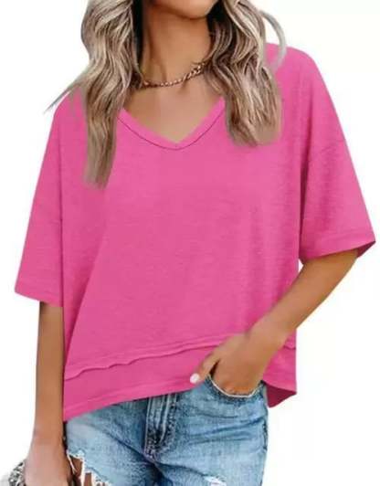Women's V-neck Mid-length Sleeve Spliced Hem Basic Top