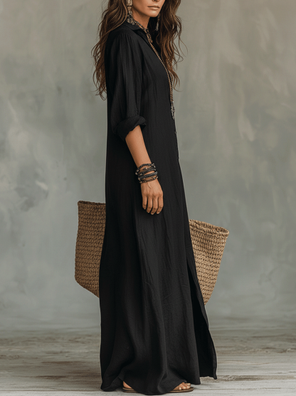 Black Button-Front Bohemian Shirt Maxi Dress