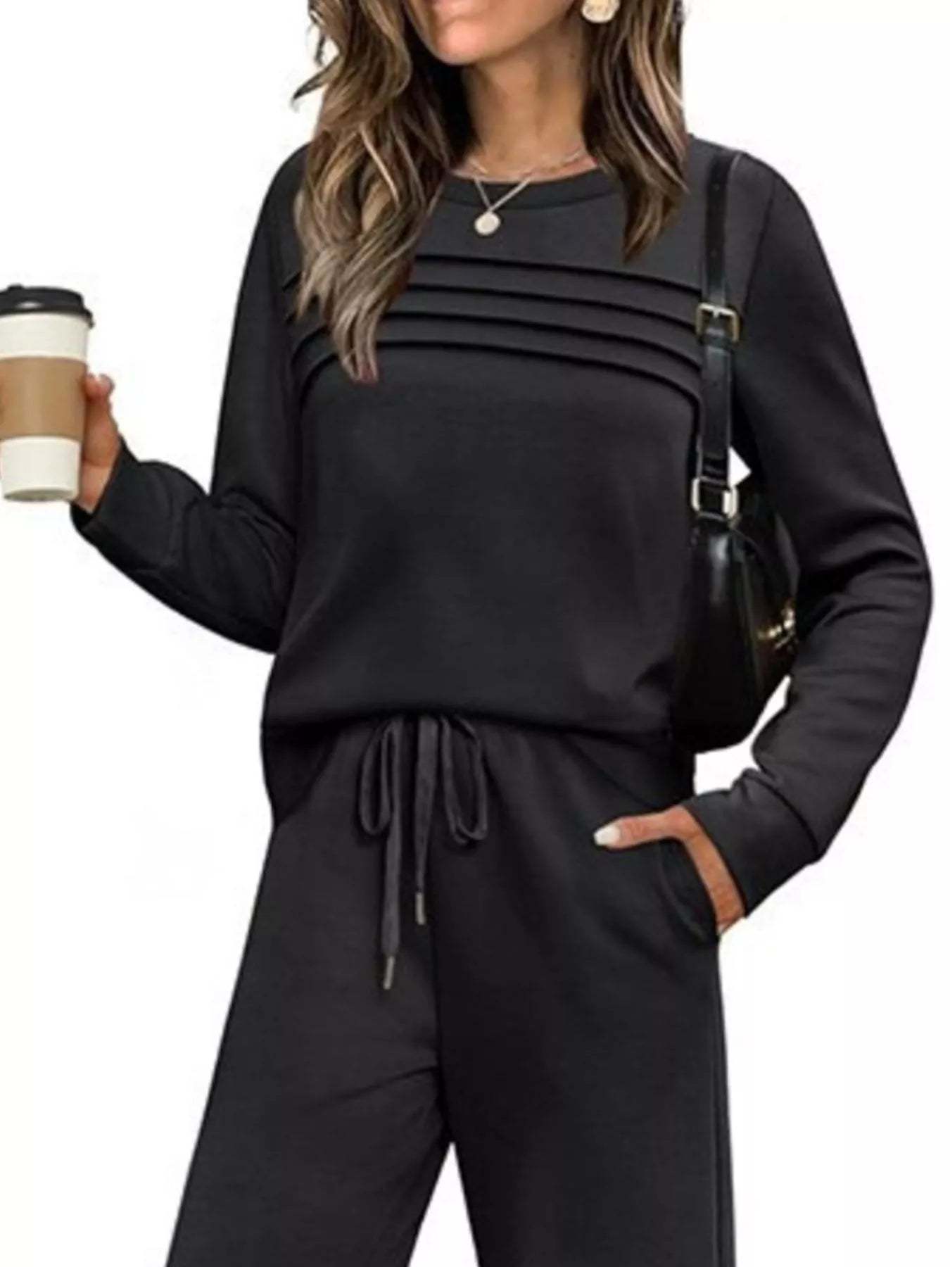 Full Size Long Sleeve Round Neck Top and Pants Set Plus Size