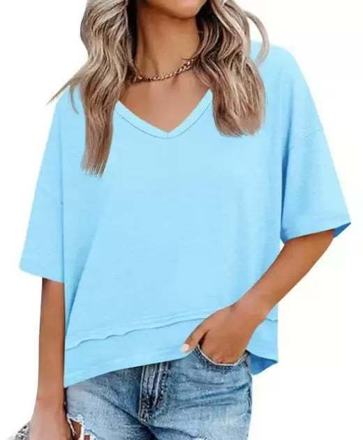 Women's V-neck Mid-length Sleeve Spliced Hem Basic Top