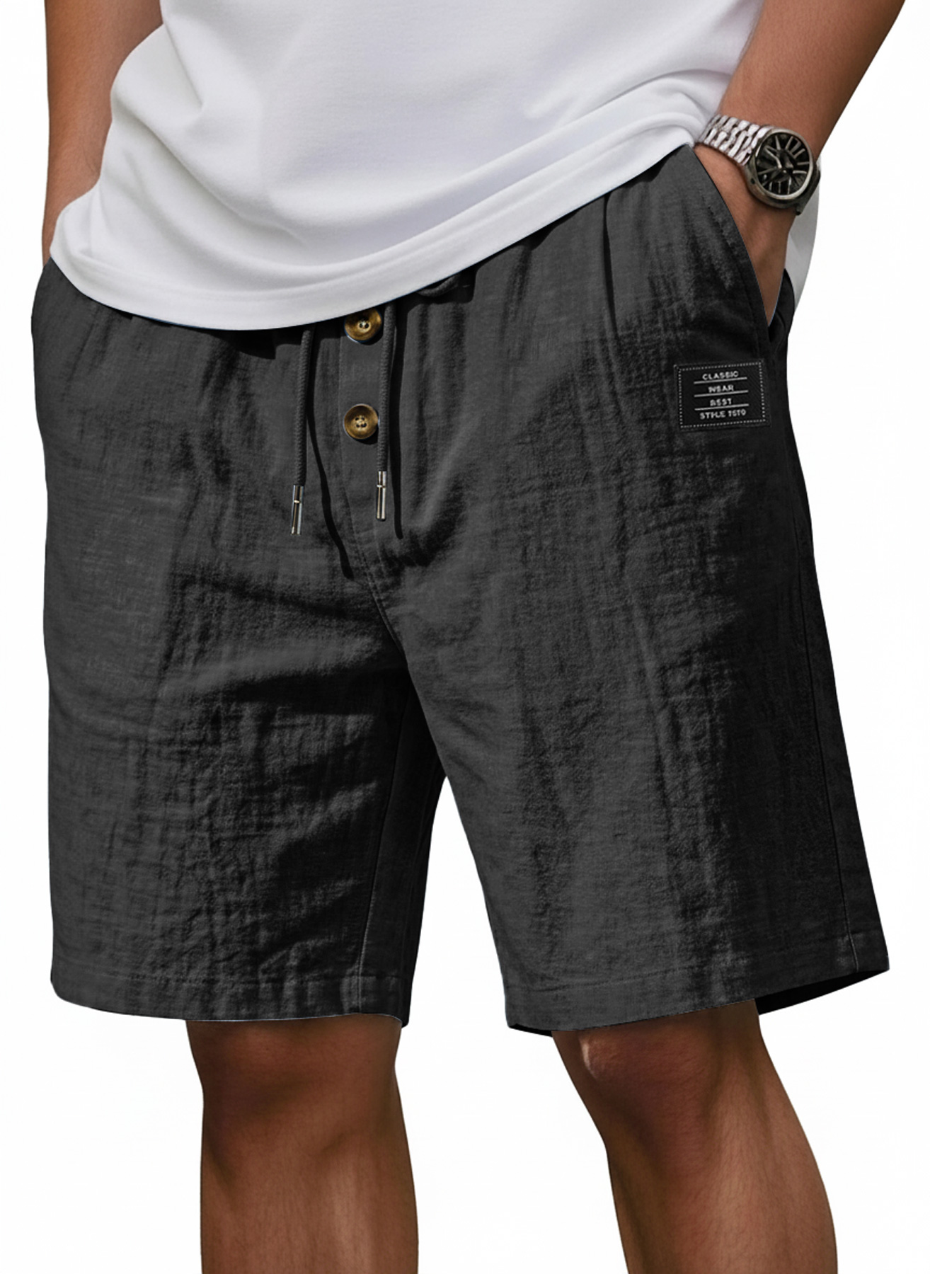 Men's Linen Casual Shorts with Embroidered Logo and Buttons