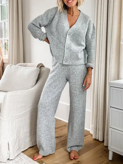 Last day discount- 50% OFF Solid Textured Knit Button Cardigan & Pants Set