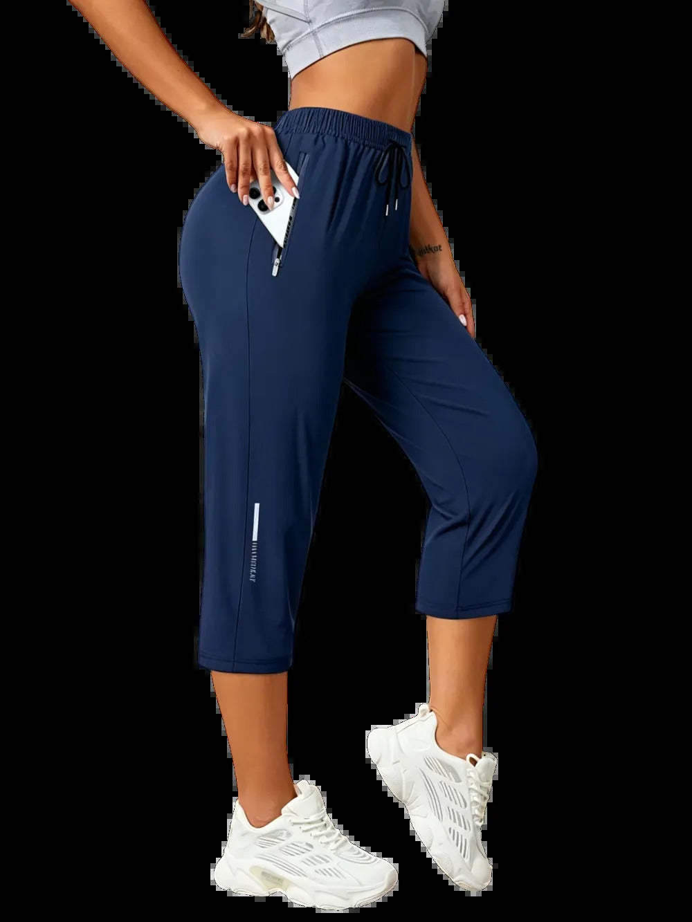 Women's Capris Pants - Loose Fit, Summer Drawstring Waist, Zippered Pockets, Breathable High-Stretch Fabric, Suitable for Everyday Wear
