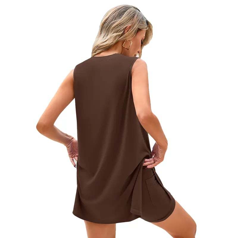 Sleeveless Crewneck Women's 2 Piece Sets Summer Matching Lounge Shorts Set Resort Airport Travel Outfit Split Hem Casual Clothes Basic Fitted Homewear