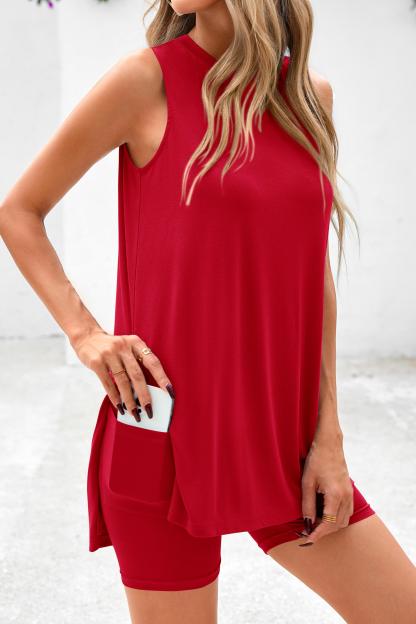 Sleeveless Crewneck Women's 2 Piece Sets Summer Matching Lounge Shorts Set Resort Airport Travel Outfit Split Hem Casual Clothes Basic Fitted Homewear