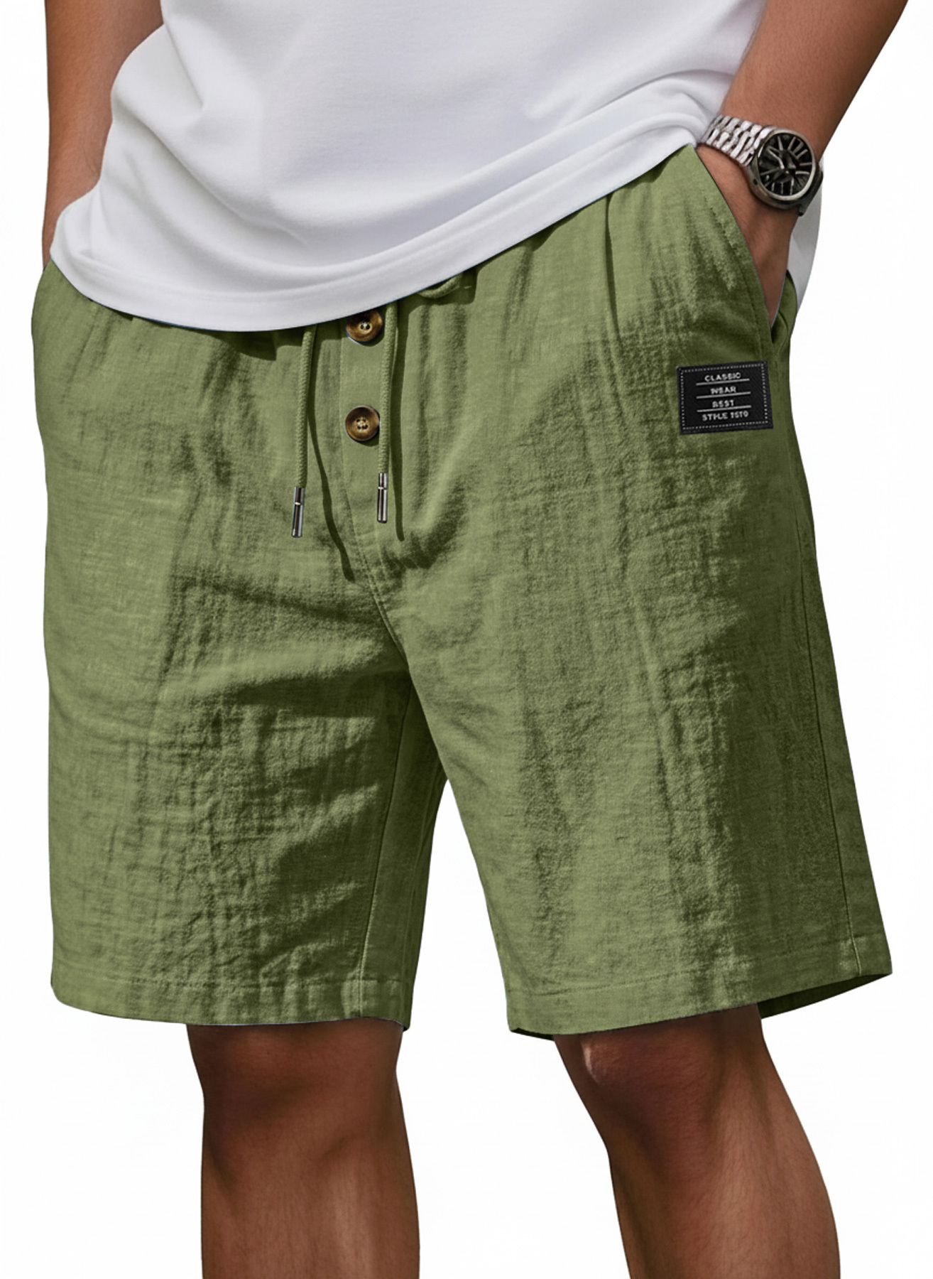 Men's Linen Casual Shorts with Embroidered Logo and Buttons