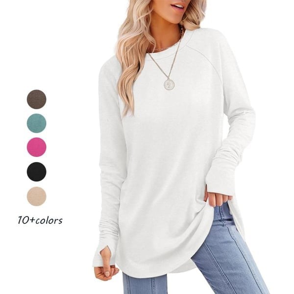 Womens Tunic Tops to Wear with Leggings Long Sleeve Thumb Crew Neck Curved Hem