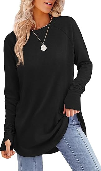 Womens Tunic Tops to Wear with Leggings Long Sleeve Thumb Crew Neck Curved Hem