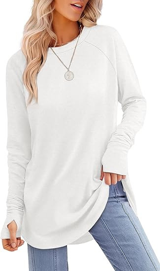 Womens Tunic Tops to Wear with Leggings Long Sleeve Thumb Crew Neck Curved Hem