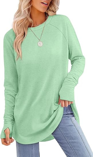 Womens Tunic Tops to Wear with Leggings Long Sleeve Thumb Crew Neck Curved Hem