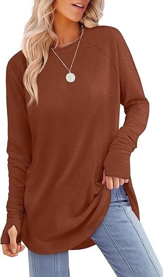 Womens Tunic Tops to Wear with Leggings Long Sleeve Thumb Crew Neck Curved Hem