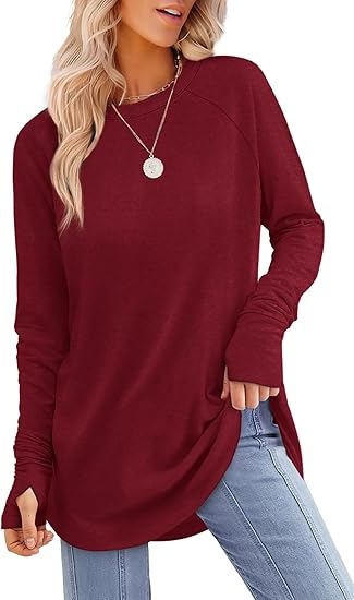 Womens Tunic Tops to Wear with Leggings Long Sleeve Thumb Crew Neck Curved Hem