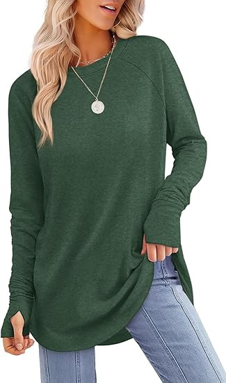 Womens Tunic Tops to Wear with Leggings Long Sleeve Thumb Crew Neck Curved Hem