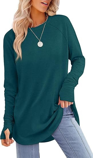 Womens Tunic Tops to Wear with Leggings Long Sleeve Thumb Crew Neck Curved Hem
