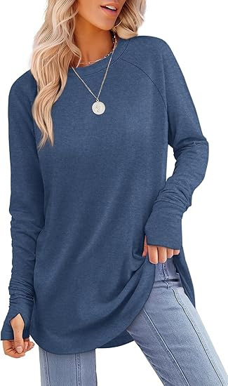 Womens Tunic Tops to Wear with Leggings Long Sleeve Thumb Crew Neck Curved Hem
