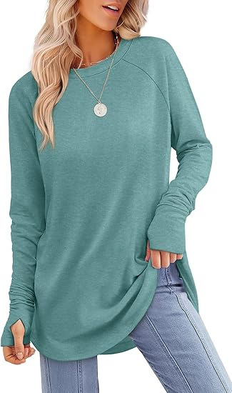 Womens Tunic Tops to Wear with Leggings Long Sleeve Thumb Crew Neck Curved Hem