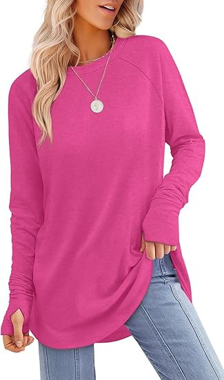 Womens Tunic Tops to Wear with Leggings Long Sleeve Thumb Crew Neck Curved Hem