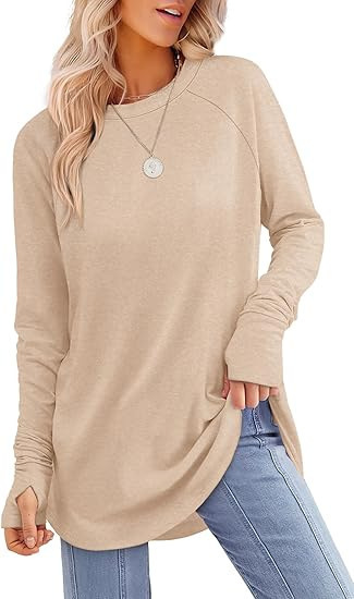 Womens Tunic Tops to Wear with Leggings Long Sleeve Thumb Crew Neck Curved Hem