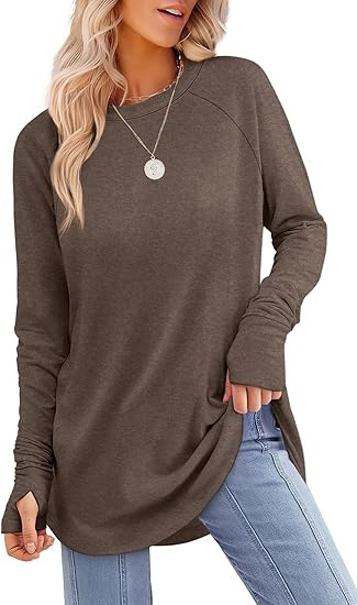 Womens Tunic Tops to Wear with Leggings Long Sleeve Thumb Crew Neck Curved Hem