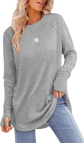 Womens Tunic Tops to Wear with Leggings Long Sleeve Thumb Crew Neck Curved Hem