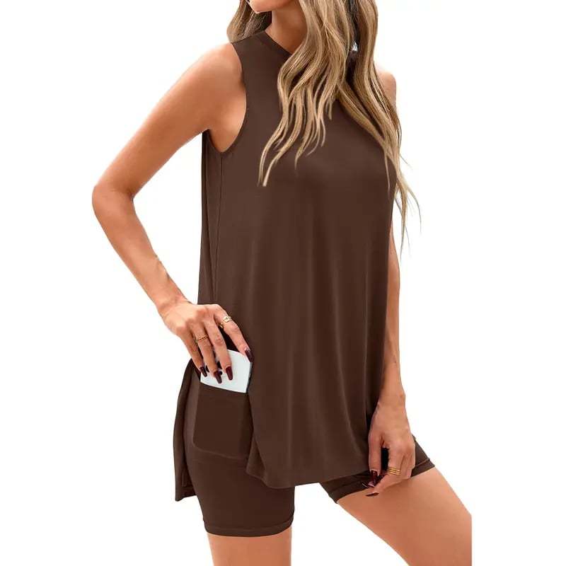 Sleeveless Crewneck Women's 2 Piece Sets Summer Matching Lounge Shorts Set Resort Airport Travel Outfit Split Hem Casual Clothes Basic Fitted Homewear