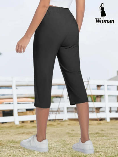 Women's Capris Pants - Loose Fit, Summer Drawstring Waist, Zippered Pockets, Breathable High-Stretch Fabric, Suitable for Everyday Wear