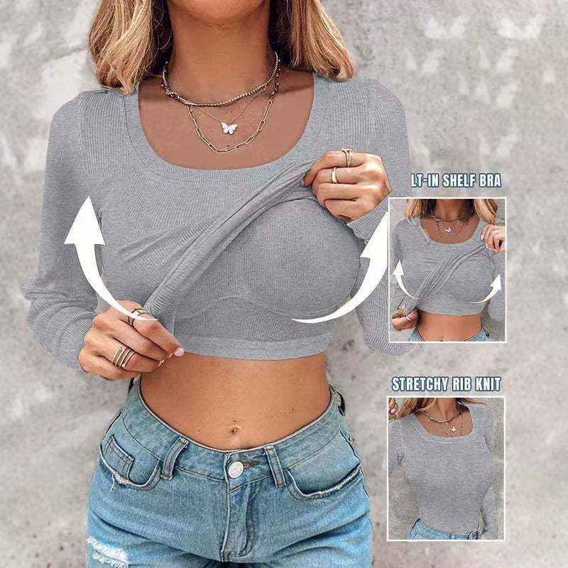 🍂🔥Womens U-Neck Built-in Bra Long Sleeve Ribbed Top Shirts Elegant Skinny Fit Fabric