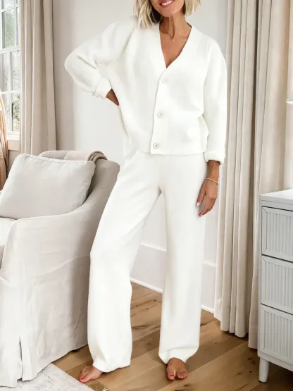 Last day discount- 50% OFF Solid Textured Knit Button Cardigan & Pants Set