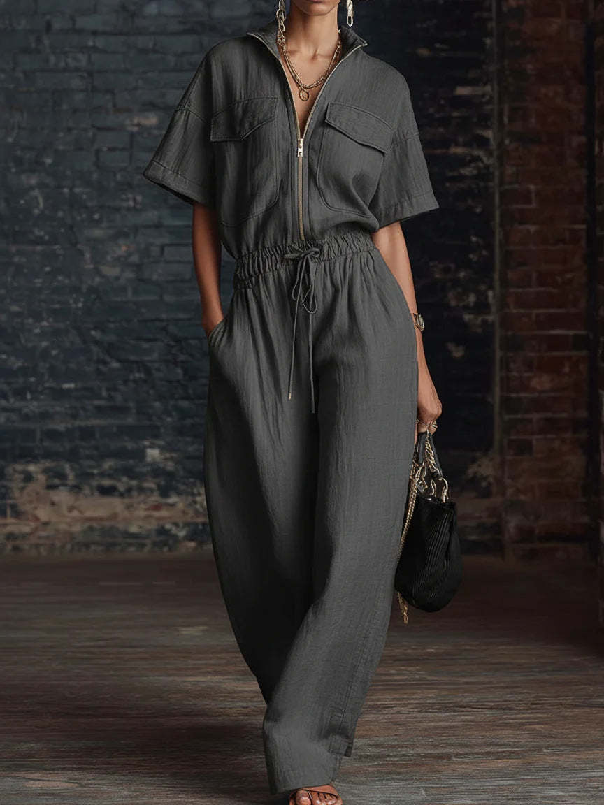 Stand Collar Sleeveless Casual Loose Cotton And Linen Jumpsuit