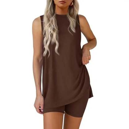 Sleeveless Crewneck Women's 2 Piece Sets Summer Matching Lounge Shorts Set Resort Airport Travel Outfit Split Hem Casual Clothes Basic Fitted Homewear