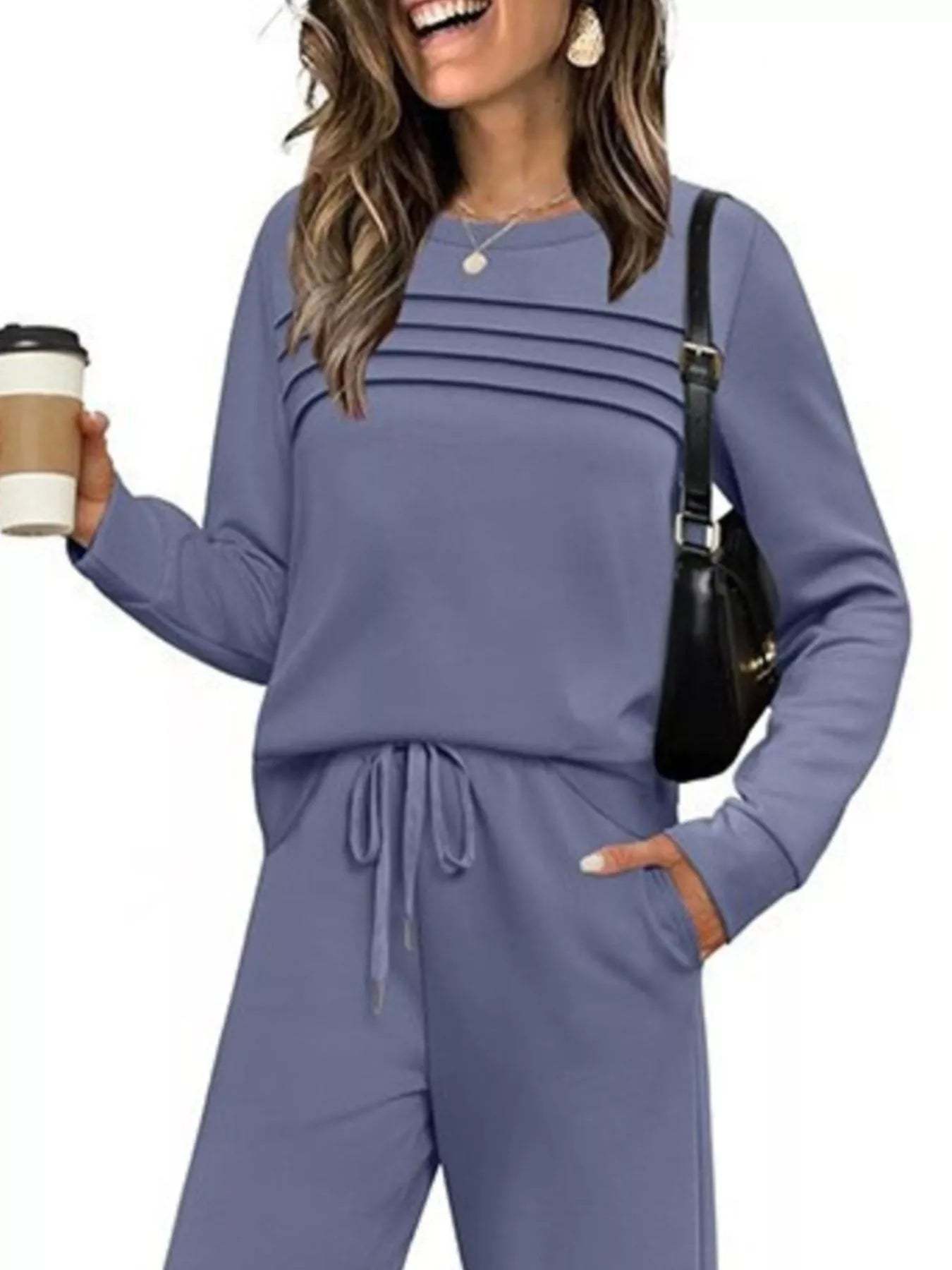 Full Size Long Sleeve Round Neck Top and Pants Set Plus Size