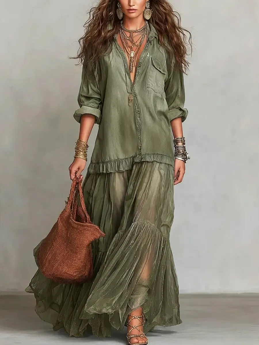 Women's Retro Lapel DenimOrganza Patchwork Art CasualMaxi Dress