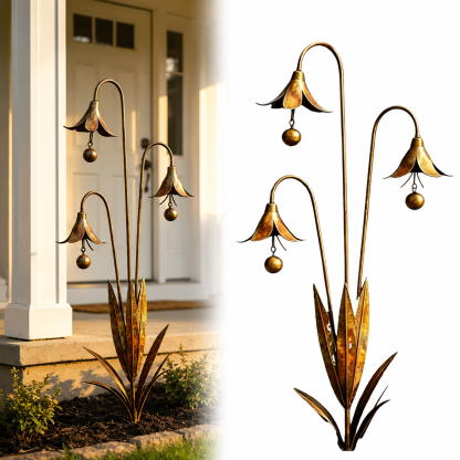 Metal Bluebell Flower Wind Chime Garden Stake, Rustic Yard Art, Outdoor Bell Lawn Decor