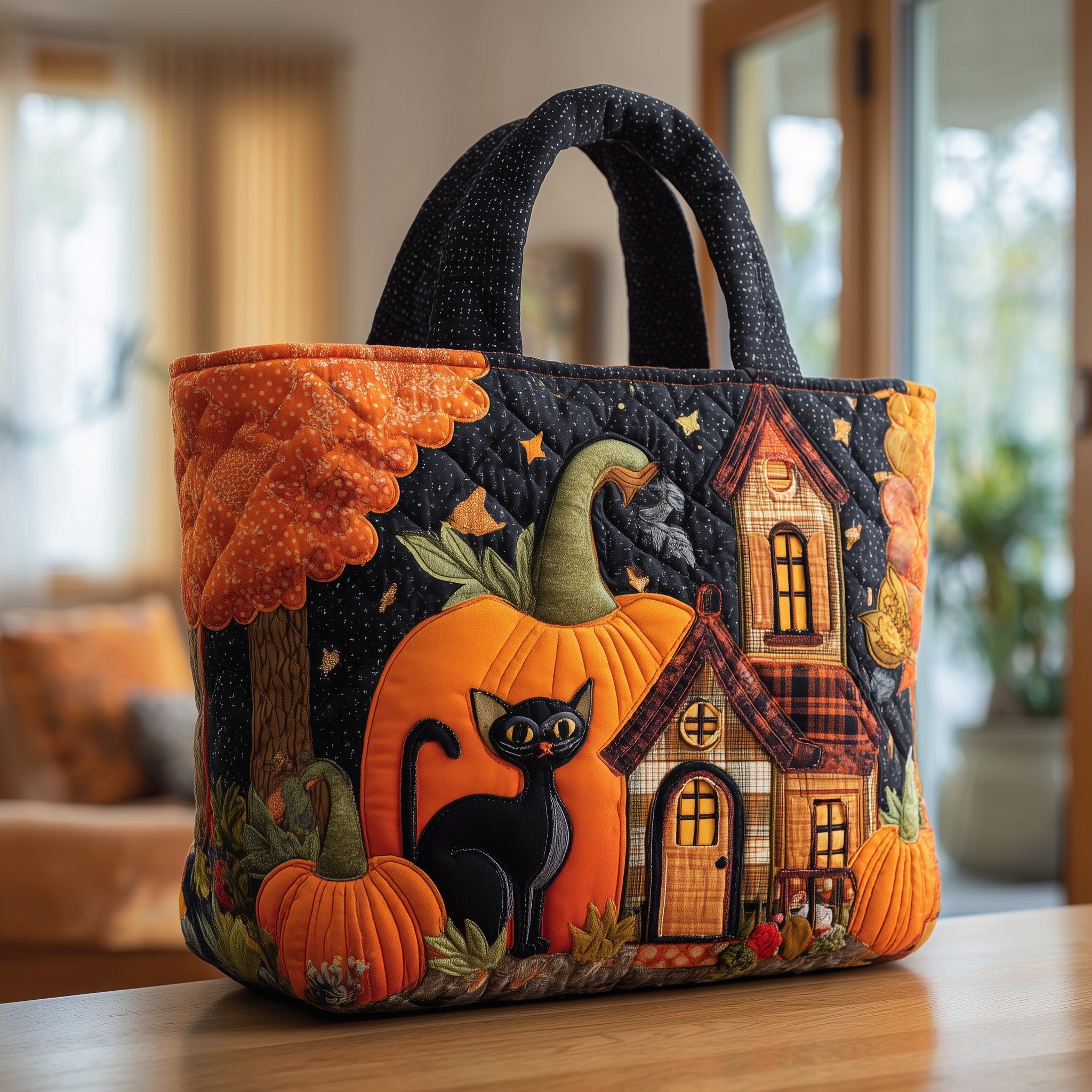 Black Cat Pumpkin Quilted Tote Bag GFTONL5418