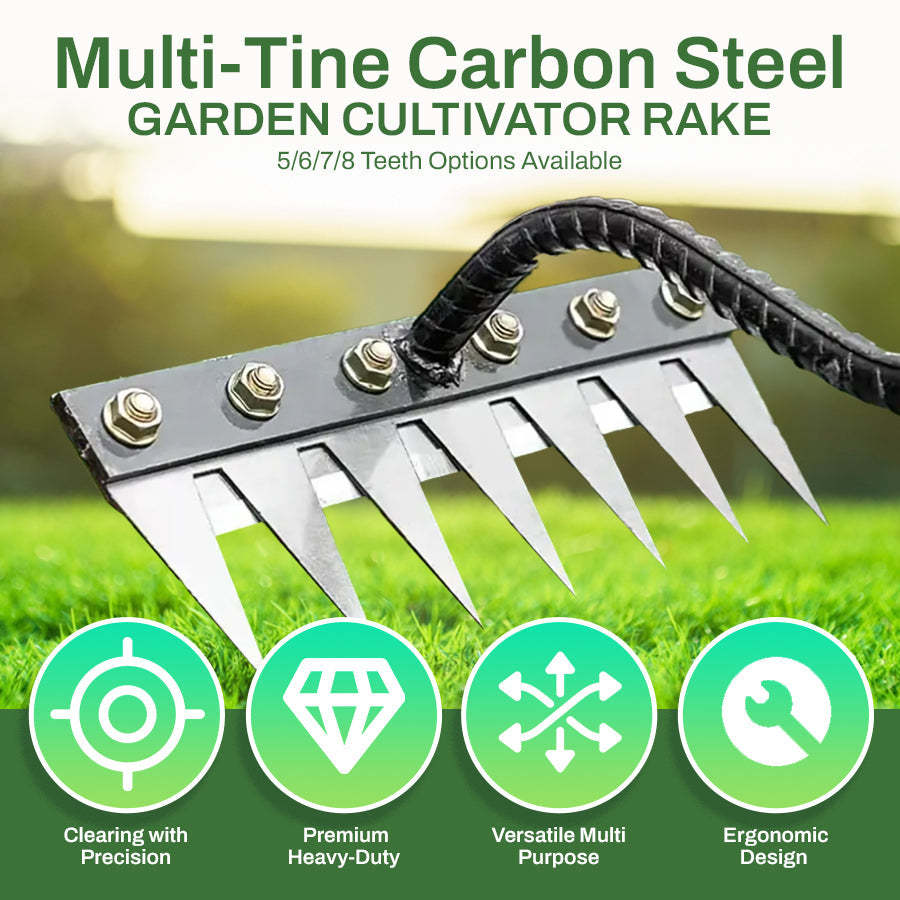 🌟Hot Sale! 🍃Multi-Tine Carbon Steel Garden Cultivator Rake – 5/6/7/8