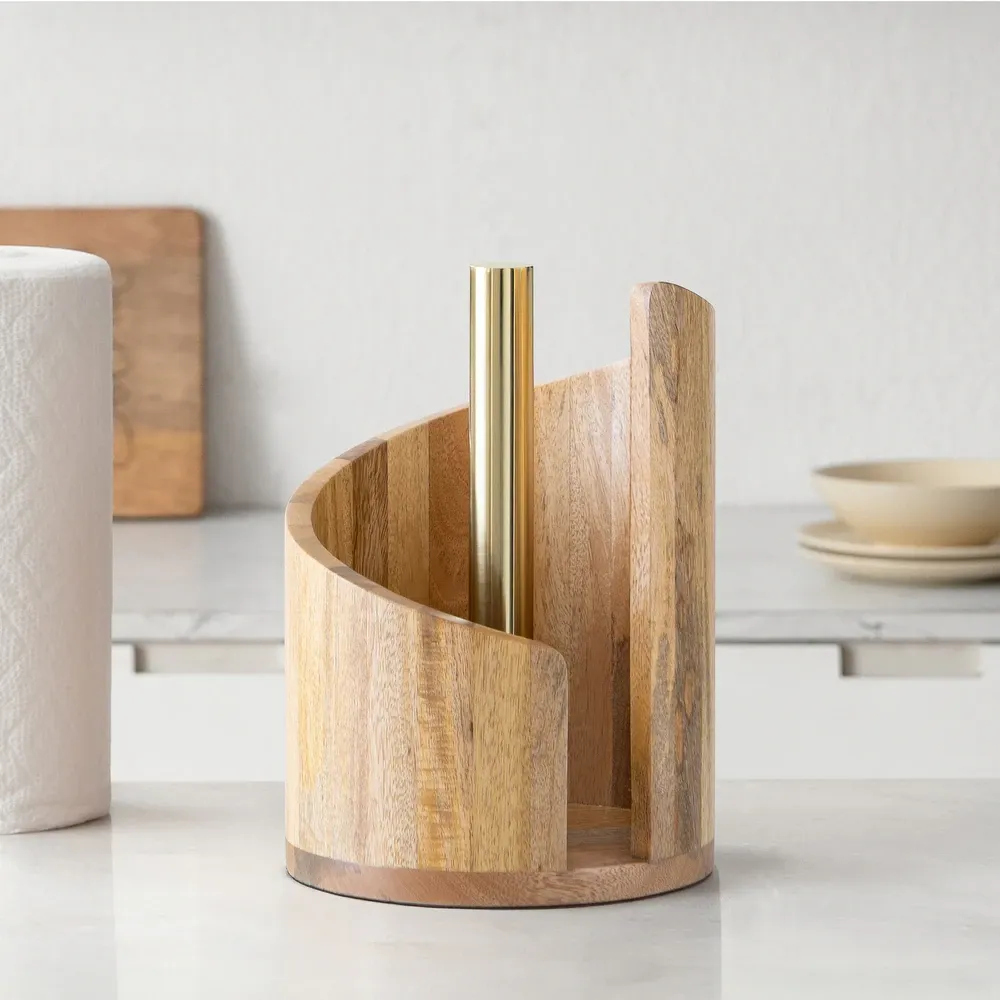 Mountain Paper Towel Holder Countertop with Mango Wood Round Base and Iron Holder