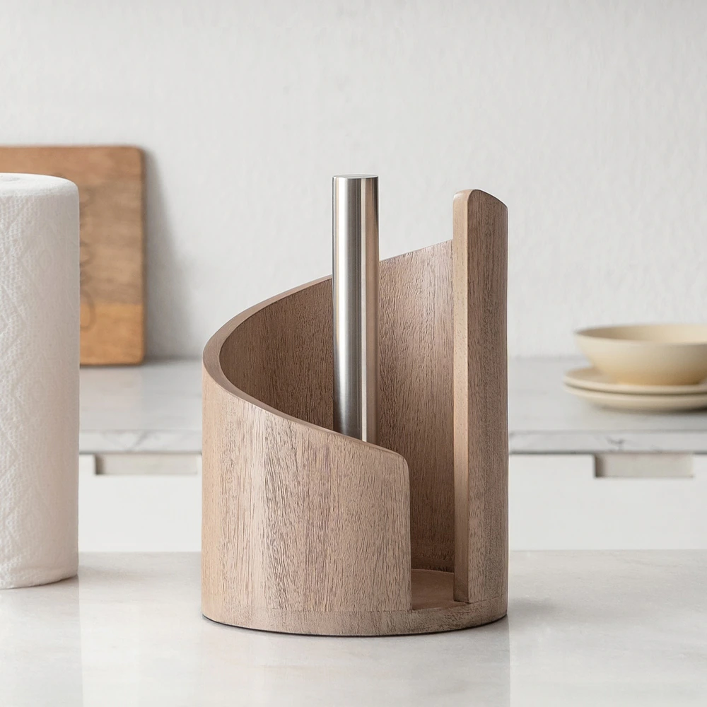 Mountain Paper Towel Holder Countertop with Mango Wood Round Base and Iron Holder