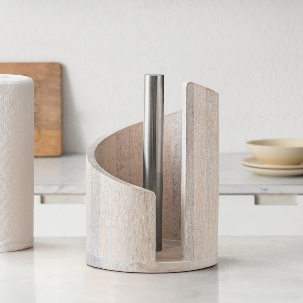 Mountain Paper Towel Holder Countertop with Mango Wood Round Base and Iron Holder