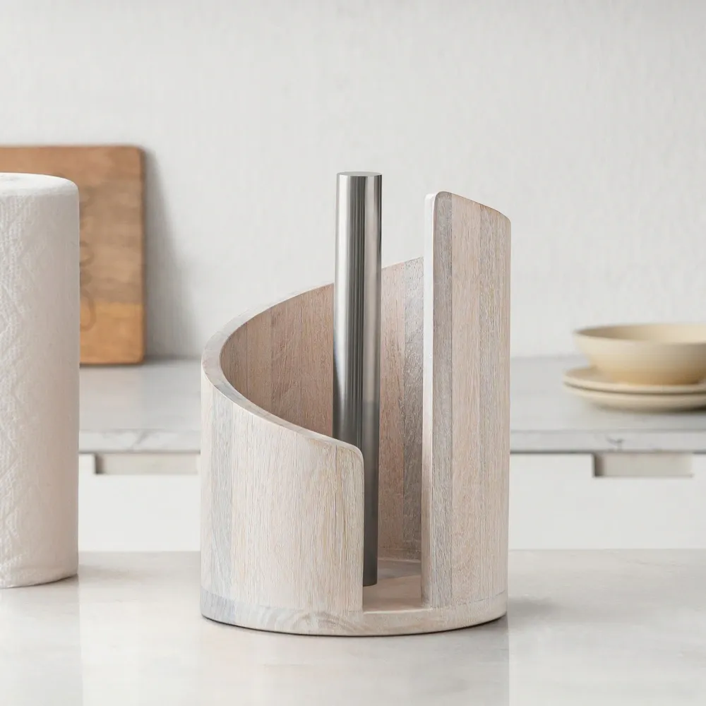 Mountain Paper Towel Holder Countertop with Mango Wood Round Base and Iron Holder