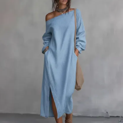 Loose-fitting One Shoulder SplitHem Cotton Linen Midi Dress